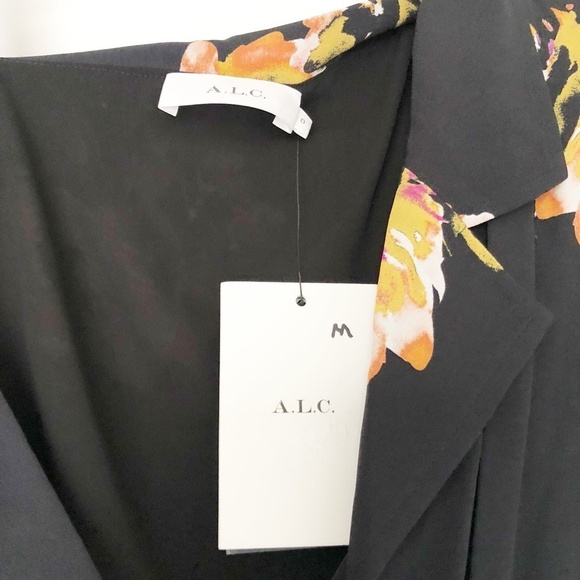 NEW ALC Lucia Silk Black Floral Asymmetrical Mini Dress Size 0 - Picture 4 of 7